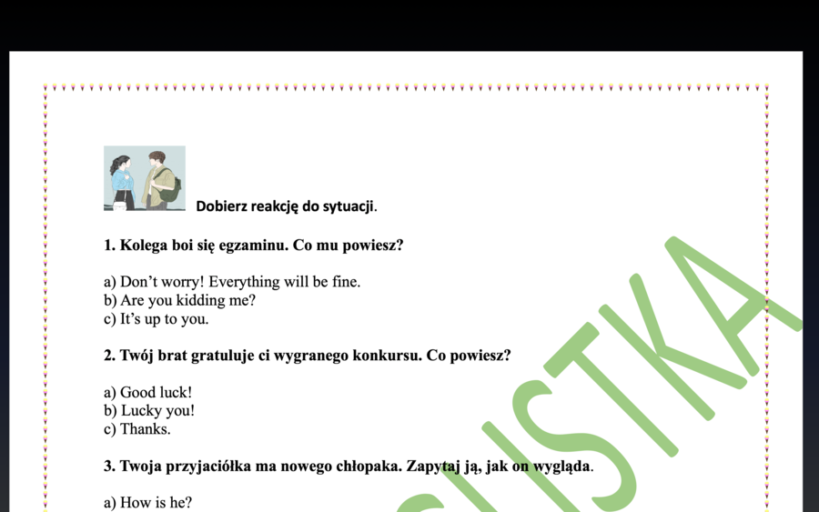 Dobieranie reakcji do sytuacji- nowy króciutki quiz+ KLUCZ