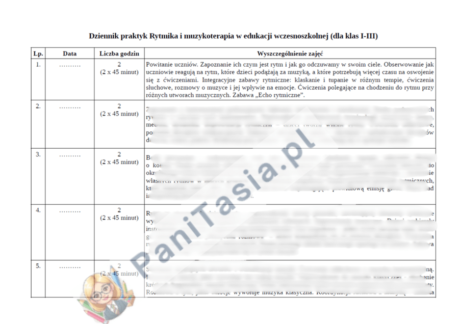 Pakiet RYTMIKA i muzykoterapia - przykładowe wpisy do dziennika praktyk + wzór opinii opiekuna praktyk