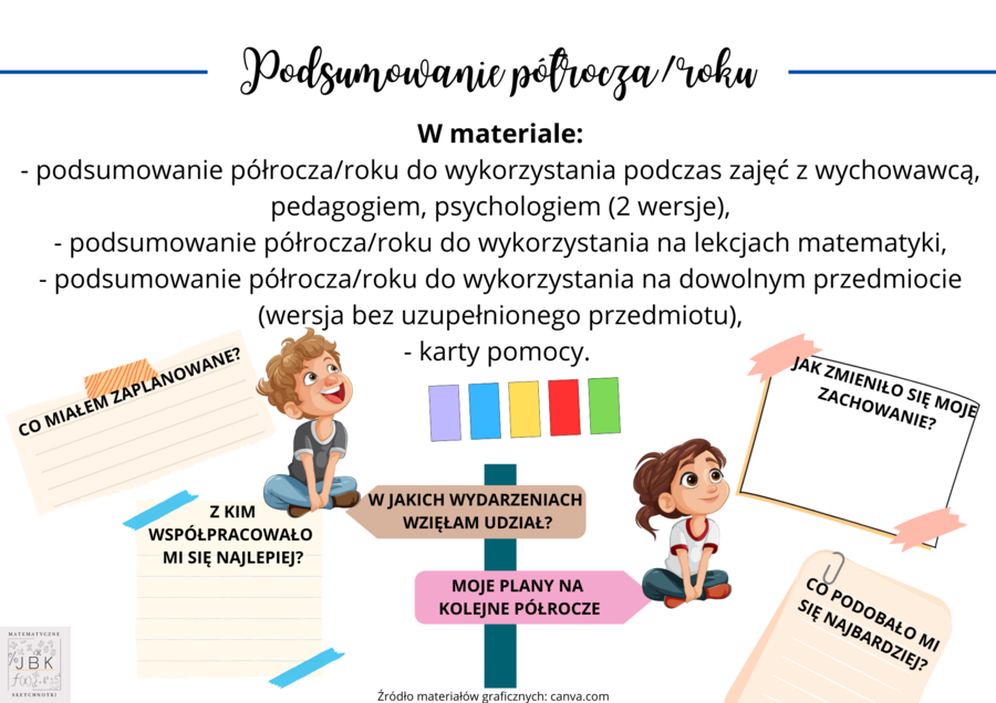 Koniec półrocza/roku szkolnego - karty refleksji, podsumowanie, karty pomocy