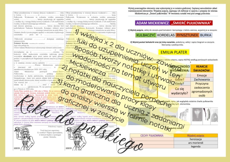 Wklejka i karta graficzna do analizy utworu ŚMIERĆ PUŁKOWNIKA oraz instrukcje dla nauczyciela do moderowania pracy z tekstem
