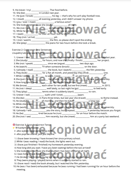 Karta Pracy: Tense Contrast Theory: Present Perfect & Continuous, Past Simple, Continuous and Perfect B2/B2+