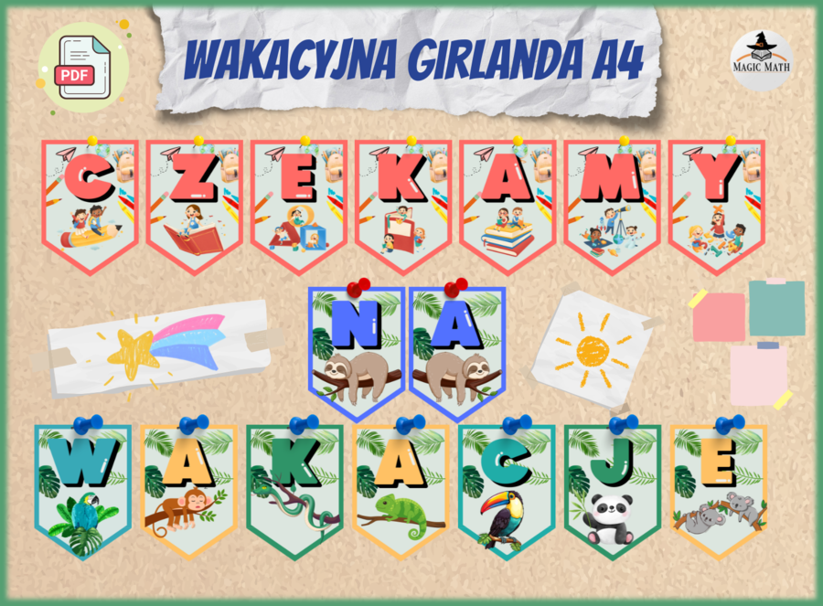 GIRLANDA "CZEKAMY NA WAKACJE" dekoracja na koniec roku szkolnego