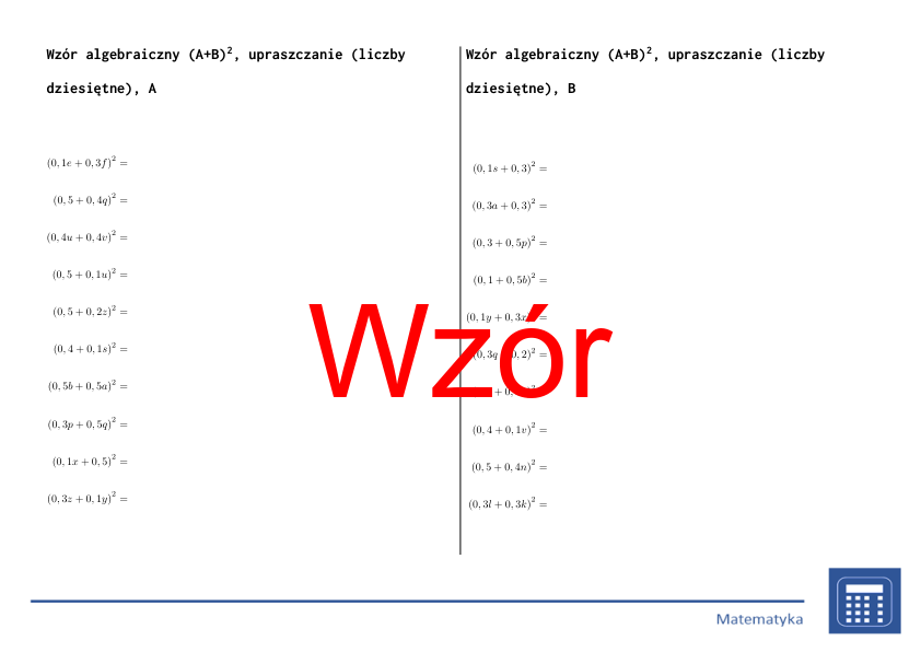 Wzór algebraiczny (A+B)^2, upraszczanie (liczby dziesiętne) | matematyka, algebra | 26 kolumn