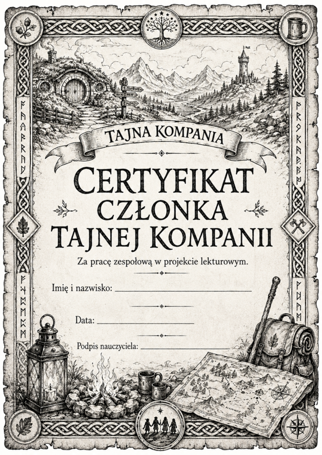 Certyfikaty/ Dyplomy inspirowane lekturą "Hobbit" czarno-białe