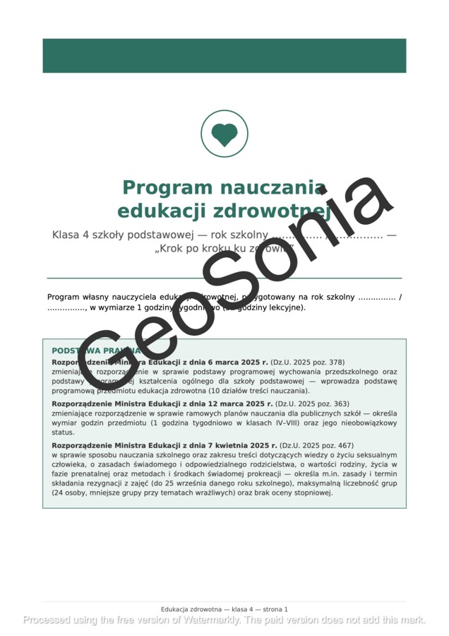 Edukacja Zdrowotna w Klasie 4 (Program, Scenariusze, Karty Pracy) Pełny Gotowiec Lekcyjny na Cały Rok