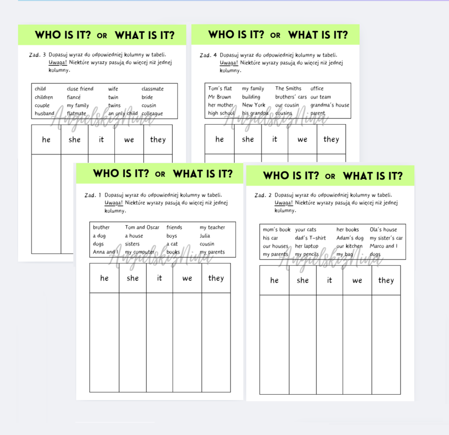 Angielski - osoby po angielsku - uzupełnianie tabelki - 4 ćwiczenia - różne poziomy