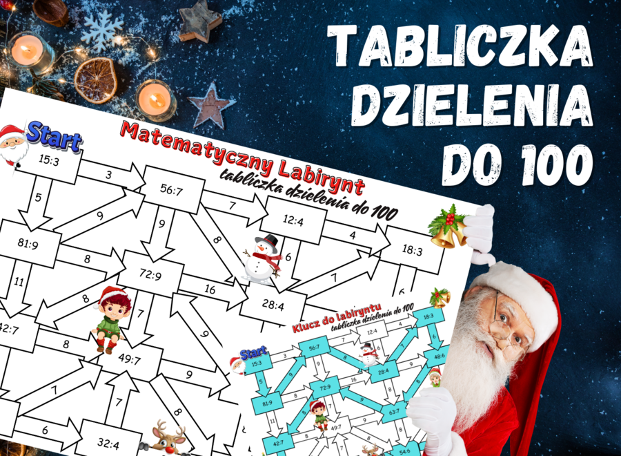 MATEMATYCZNY LABIRYNT - tabliczka dzielenia do 100, klasa 3, 4, 5, Boże Narodzenie, Święta, Mikołajki, zima