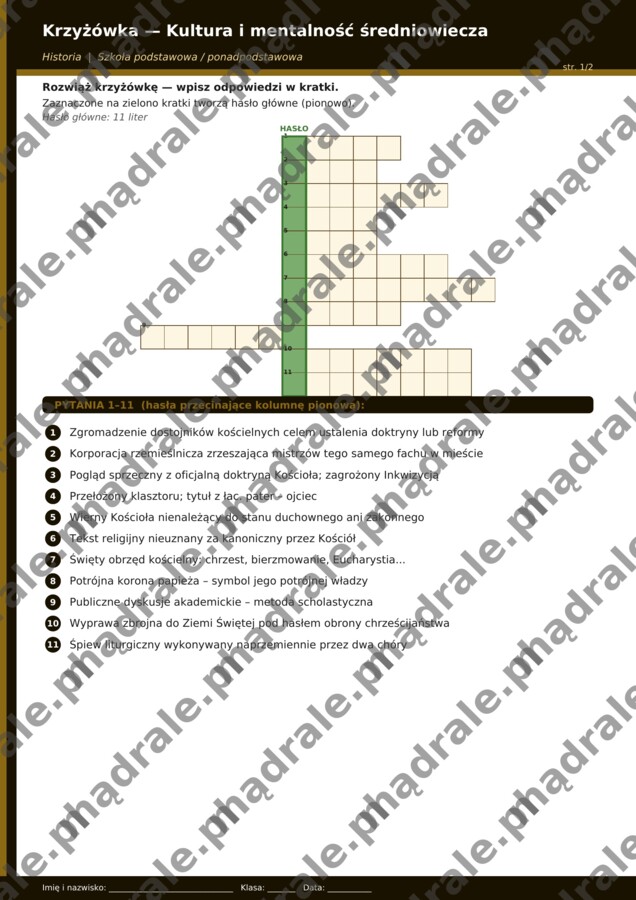 KRZYŻÓWKA "KULTURA I MENTALNOŚĆ ŚREDNIOWIECZA" KARTA PRACY + KLUCZ ODPOWIEDZI