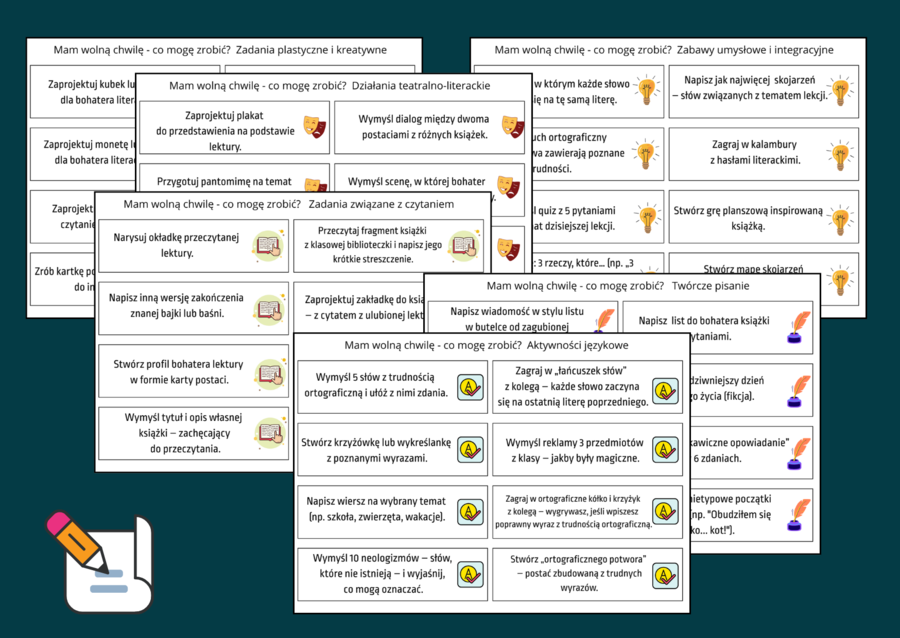 Co mogę zrobić, gdy mam wolną chwilę? - Pomysły na AKTYWNOŚCI POLONISTYCZNE dla uczniów klas 4-8 – ćwiczenia- 12 stron - język polski- biblioteka- świetlica
