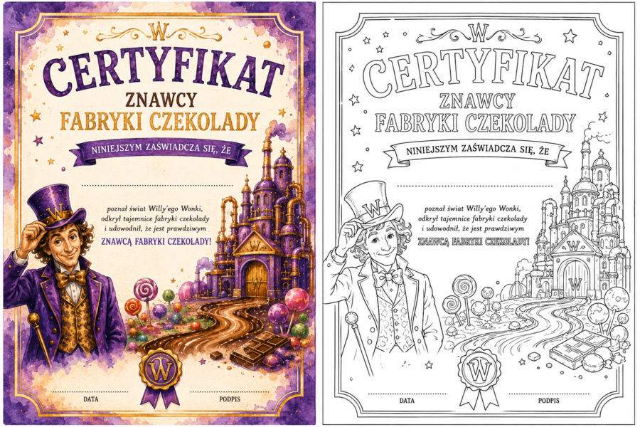 Charlie i fabryka czekolady zestaw materiałów kolorowe i czarno-białe