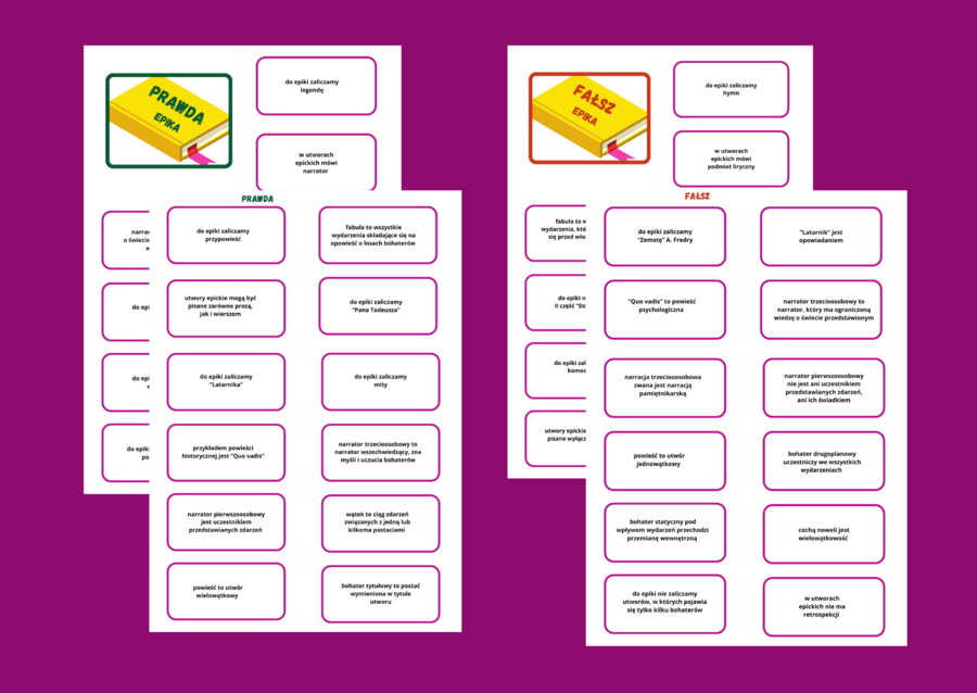 EPIKA - prawda/fałsz - 46 fiszek- rodzaje literackie - powtórka
