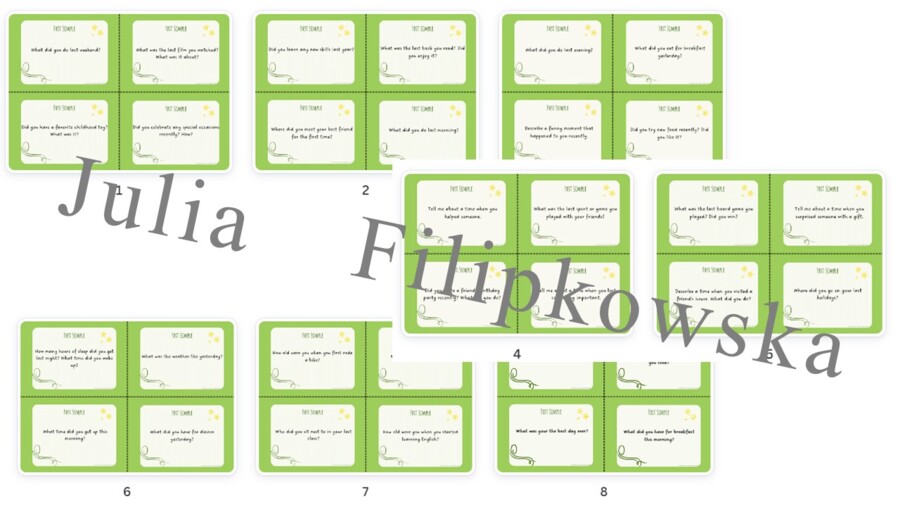 Past Simple/ Karty do mówienia/ Mówienie/ Speaking/ Konwersacje/ Klasy 4-8/ Klasy 4-6/ Klasy 6-8/ SP/ Warm-up/ Rozgrzewka/ Speaking cards/ Gramatyka/ Grammar/ Speaking cards grammar/ E8