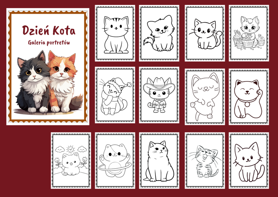 🖤🐱DZIEŃ KOTA – Galeria portretów – kolorowanka – kolorowanki – biblioteka – świetlica – przedszkole – 25 wersji - Dzień Czarnego Kota