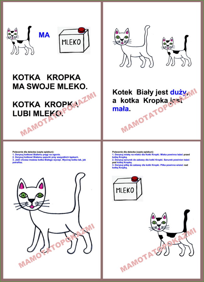 DZIEŃ KOTA. Proste zdania do czytania. Proste rysowanki. PDF do samodzielnego wydruku.