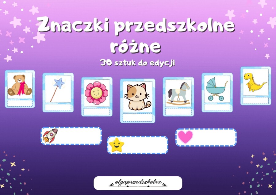 Znaczki przedszkolne różne 30 sztuk do edycji