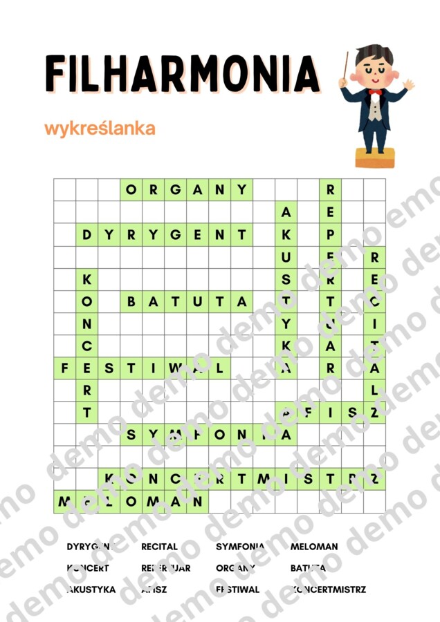 Muzyka, klasa 4-5. Filharmonia. Karta pracy: wykreślanka.