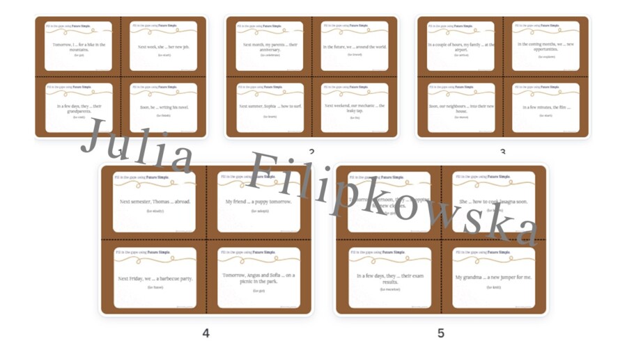 Future Simple/ Zdania twierdzące/ Karty do mówienia/ Mówienie/ Speaking/ Konwersacje/ Klasy 4-8/ Klasy 4-6/ Klasy 6-8/ SP/ Warm-up/ Rozgrzewka/ Speaking cards/ Gramatyka/ Grammar/ Speaking cards grammar/ Grammar cards/ E8