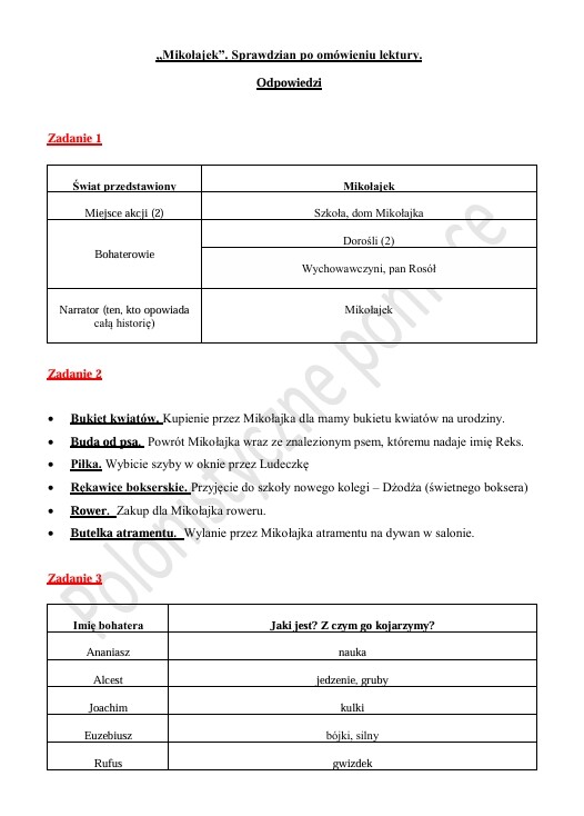 Sprawdzian po omówieniu lektury "Mikołajek"