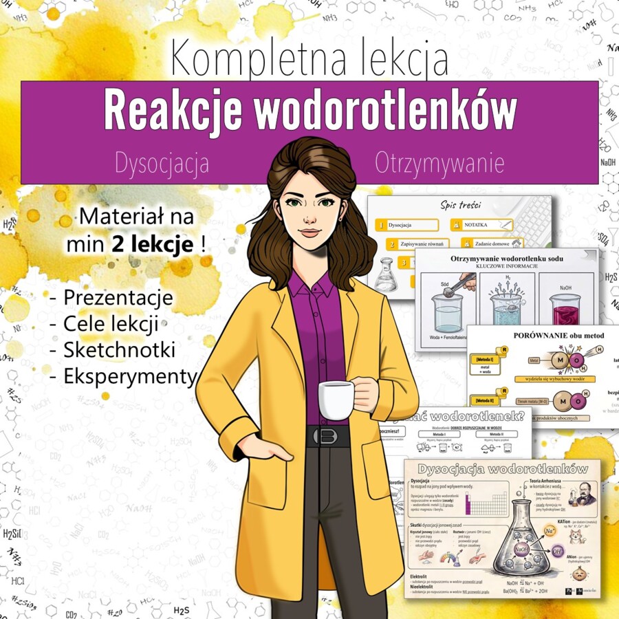 ZESTAW! Wodorotlenki: Reakcje wodorotlenków (dysocjacja, sposoby otrzymywania) – Prezentacja, Sketchnotka (chemia, kl 7).