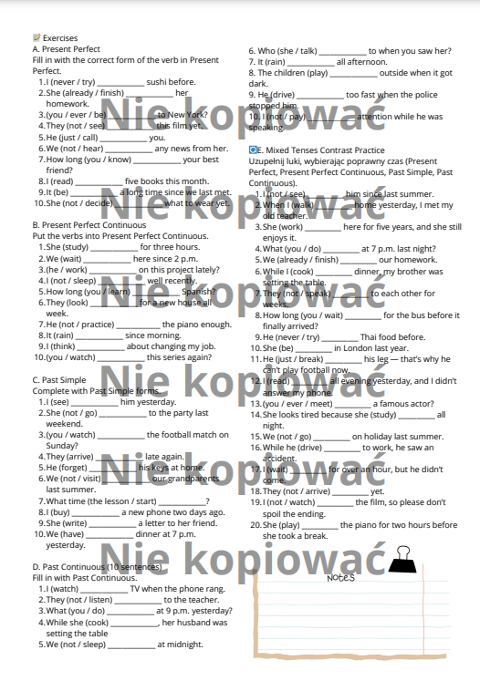 Karta pracy: Mastering the Perfect & Past Tenses B2/B2+