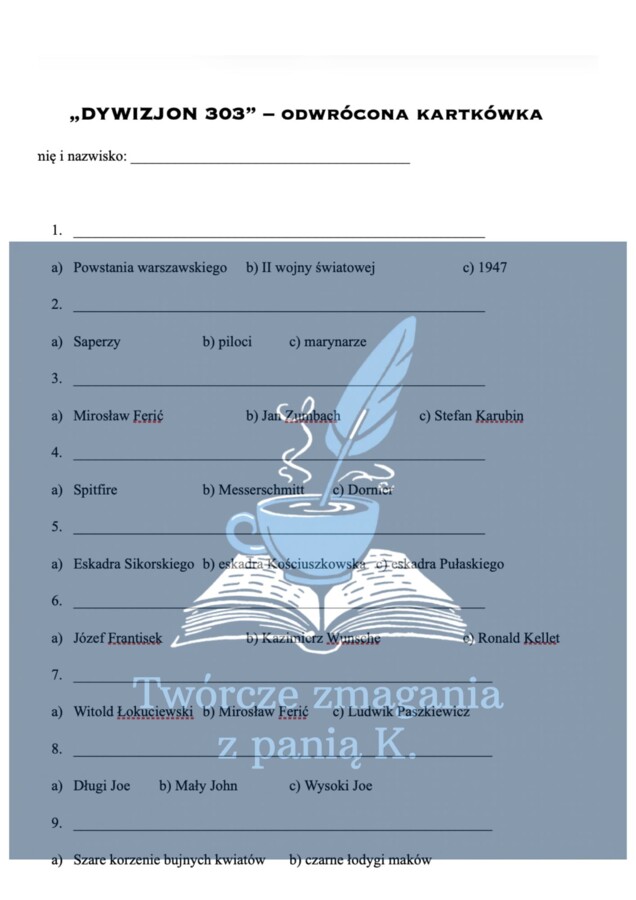 "Dywizjon 303" - kartkówka odwrócona - lektura uzupełniająca