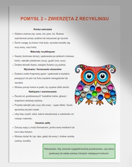 Wyklejanie z materiałów odpadowych. Drzewo z gazet. Sowa z nakrętek. Mandala