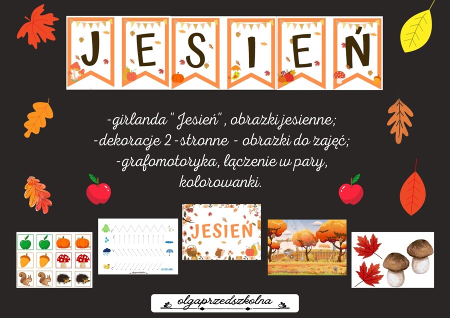 Jesień - girlanda, ilustracje, karty pracy, kolorowanki.
