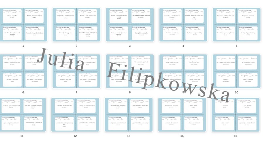 Present Simple/ Karty do mówienia/ Mówienie/ Speaking/ Zestaw/ Pakiet/ Konwersacje/ Klasy 4-8/ Klasy 4-6/ Klasy 6-8/ SP/ Warm-up/ Rozgrzewka/ Speaking cards/ Gramatyka/ Grammar/ Speaking cards grammar/ Grammar cards/ E8