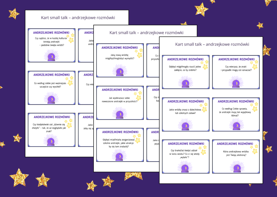 🔮ANDRZEJKI - Karty small talk w andrzejkowym klimacie – 54 pytania do rozmów, integracji i zabawy - TUS - biblioteka - zajęcia z wychowawcą - język polski