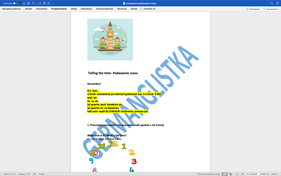 Podawanie czasu w j. angielskim- rymowanka i ćwiczenia- 6 stron