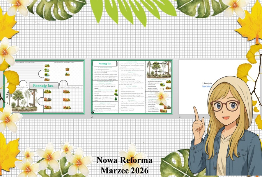 Mały zestaw na jedną lekcję: sketchnotka/notatka/przypomnienie dla nauczyciela, karta pracy plus prezentacja multimedialna „Poznaję las” w genial.ly. Przyroda "Odkrywam przyrodę". Klasa 4. Dział „Życie na lądzie".
