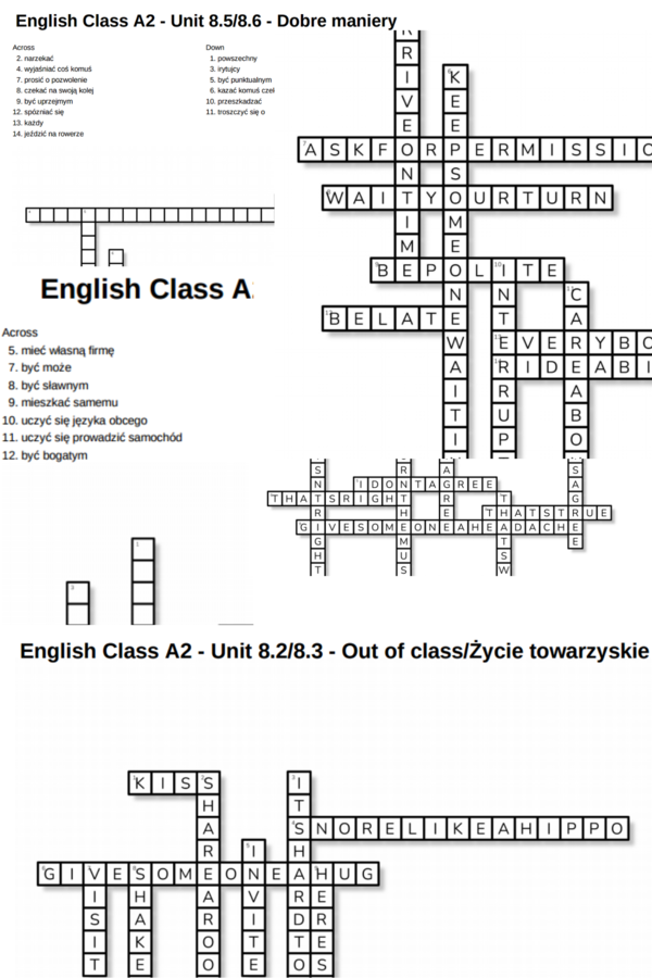 English Class A2 – Unit 8 – krzyżówki – Cele życiowe/Out of class_Życie toważyskie/Zgoda i jej brak/Dobre maniery