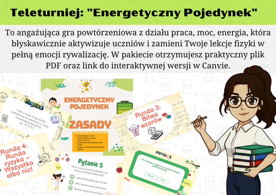 Praca, moc, energia - teleturniej, gra dydaktyczna powtórzenie z działu - fizyka klasa 7, klasa8