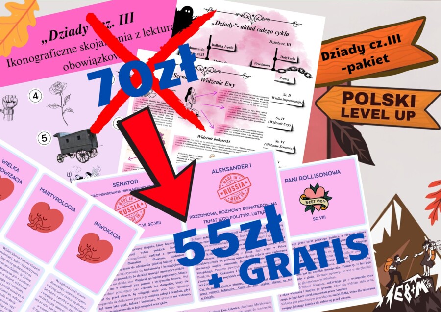Dziady cz. III_pakiet 3 zestawów+ GRATIS (skrypt, fiszki z postaciami, analiza ikonogfrafii)_Polski Level Up