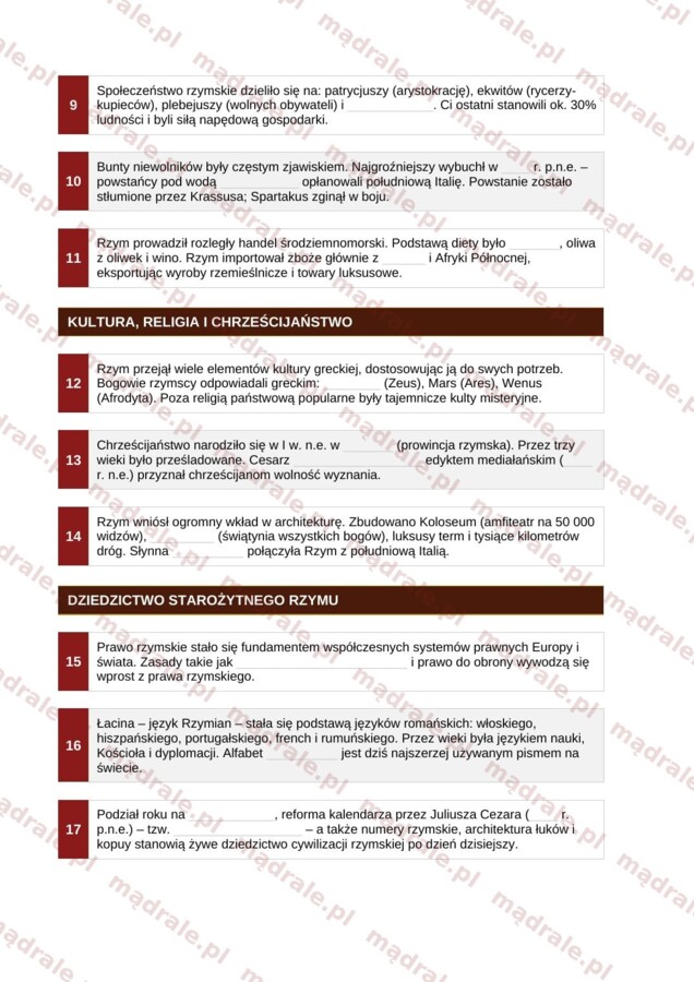 Notatka okienkowa „Starożytny Rzym” + klucz odpowiedzi
