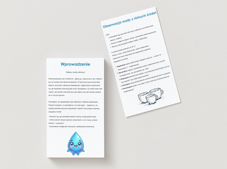 Zestaw do doświadczeń z wodą. Instrukcje. Karty obserwacji. Czy woda z kranu ma zapach? Odczyn próbek.