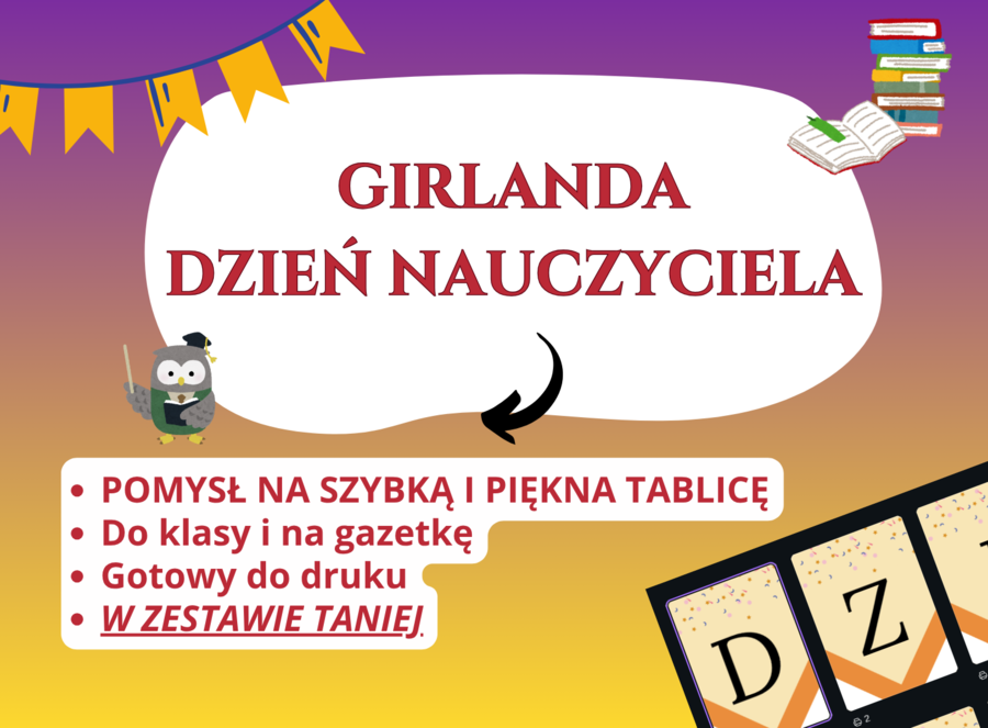 🎊 Girlanda – Dzień Nauczyciela, Szkoła podstawowa • Świetlica • Godzina wychowawcza, dekoracje do gazetki, szkoła podstawowa, klasy 1–8, girlanda