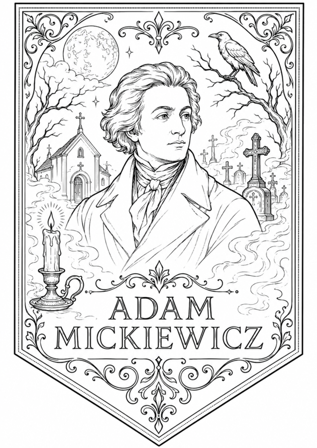 Baner z napisem Adam Mickiewicz  Dziady kolorowanka