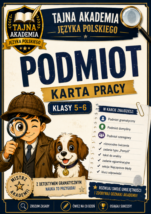 Podmiot – karta pracy | Klasy 5–6 | Tajna Akademia Języka Polskiego | Rodzaje podmiotu | PDF