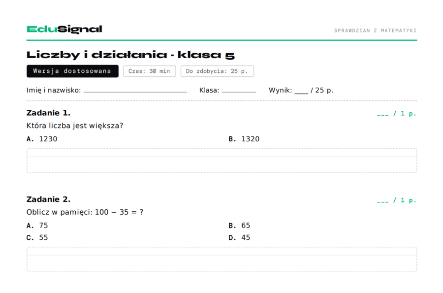 Liczby i działania — sprawdzian, klasa 5 (2 grupy + wersja SPE + klucz)