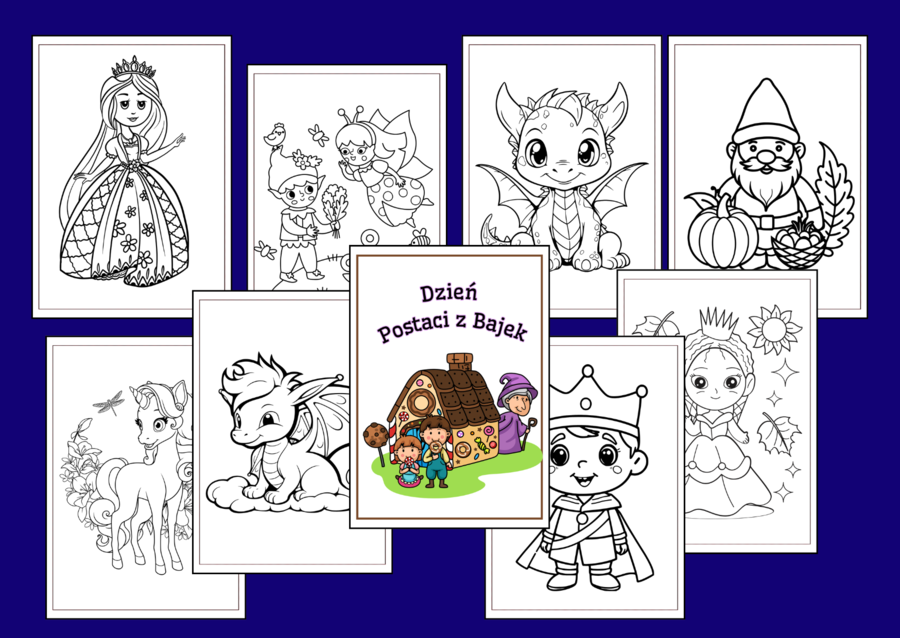 🧙‍♂️🦸‍♀️Kolorowanki - DZIEŃ POSTACI z BAJEK 🧚‍♀️ - 60 kart A4 do druku - biblioteka - świetlica