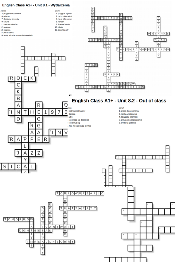 English Class A1+ – Unit 8 – krzyżówki – Wydarzenia/Out of class/Rodzaje muzyki/8.5