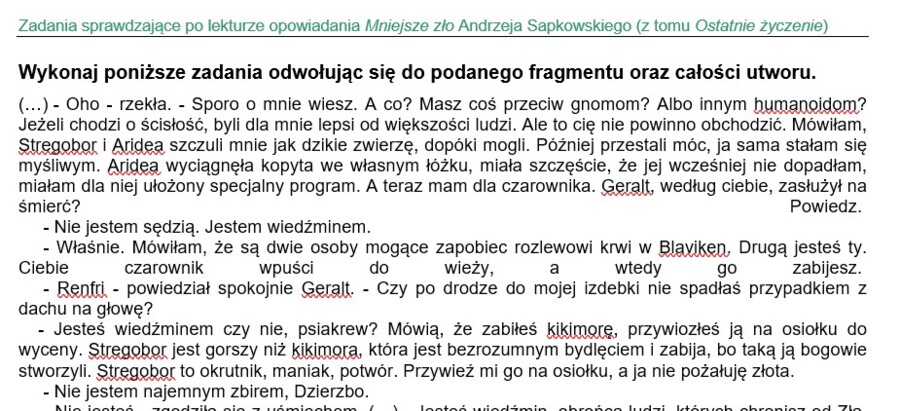 "Mniejsze zło" Andrzeja Sapkowskiego - karta pracy, praca z fragmentem