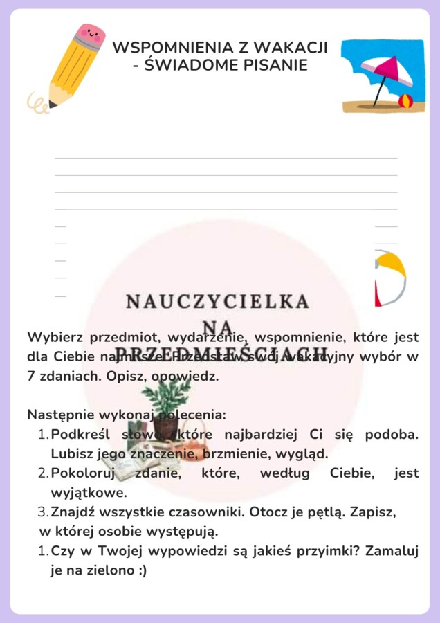 Wspomnienia z wakacji - 5 kart zadań na rozpoczęcie roku :)