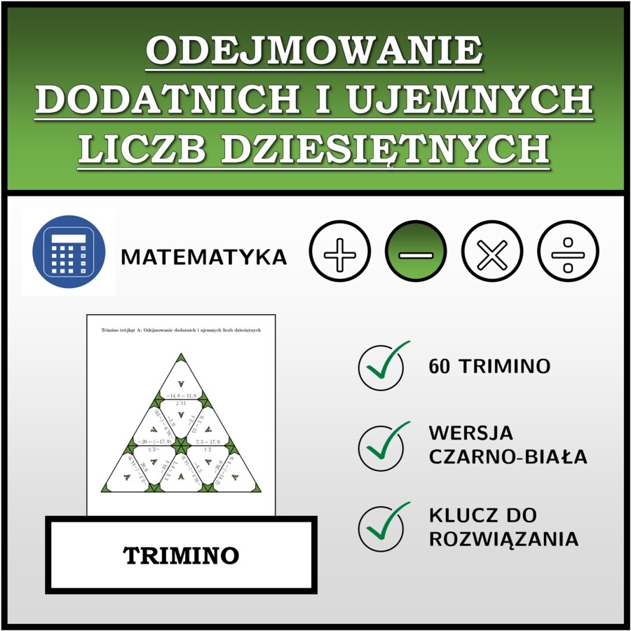 Trimino - Odejmowanie dodatnich i ujemnych liczb dziesiętnych | matematyka