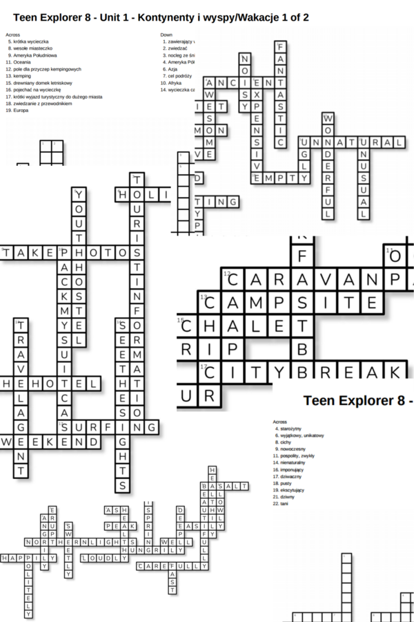 Teen Explorer 8 – Unit 1 – krzyżówki – Przymiotniki/Kontynenty i wyspy_Wakacje/Inne słówka