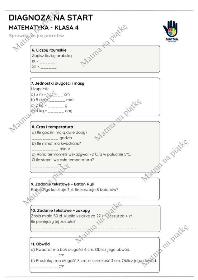 Diagnoza na start – matematyka, klasa 4