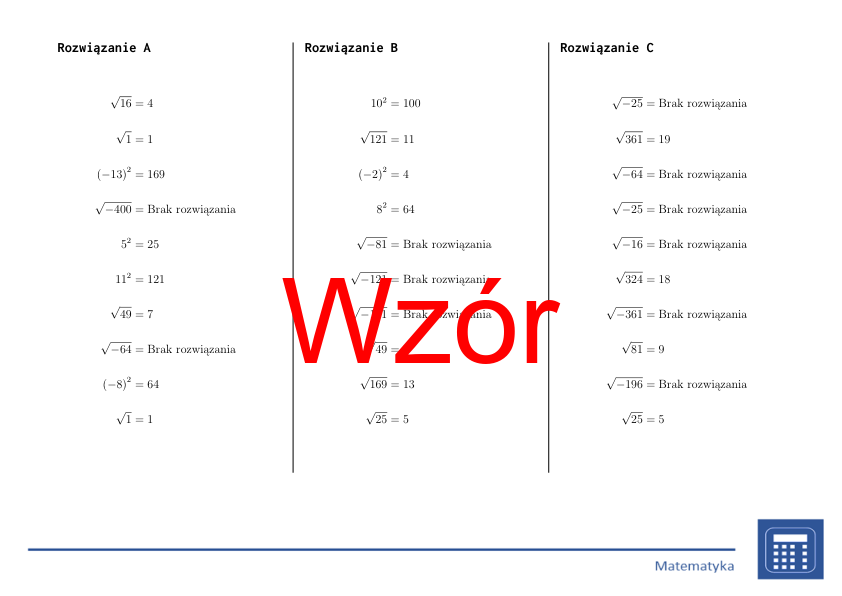 Kwadrat i pierwiastek kwadratowy liczb całkowitych | matematyka | 26 kolumn