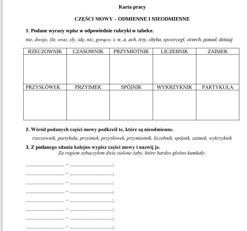 Karta pracy " Części mowy"