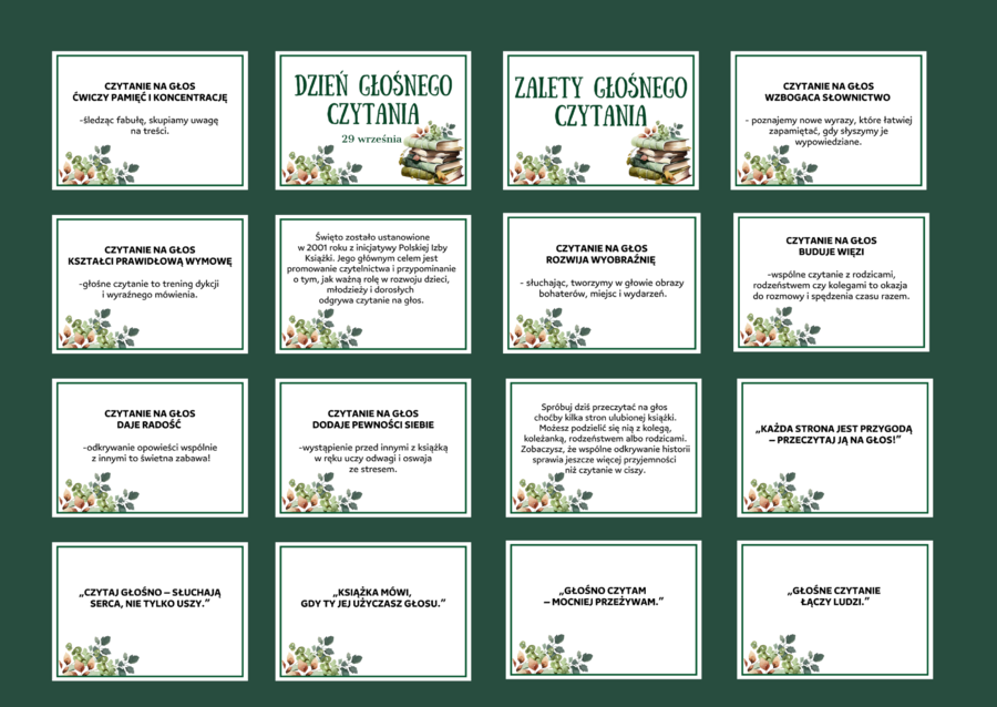DZIEŃ GŁOŚNEGO CZYTANIA – gazetka – biblioteka – ZALETY GŁOŚNEGO CZYTANIA – dekoracja - wersja 2